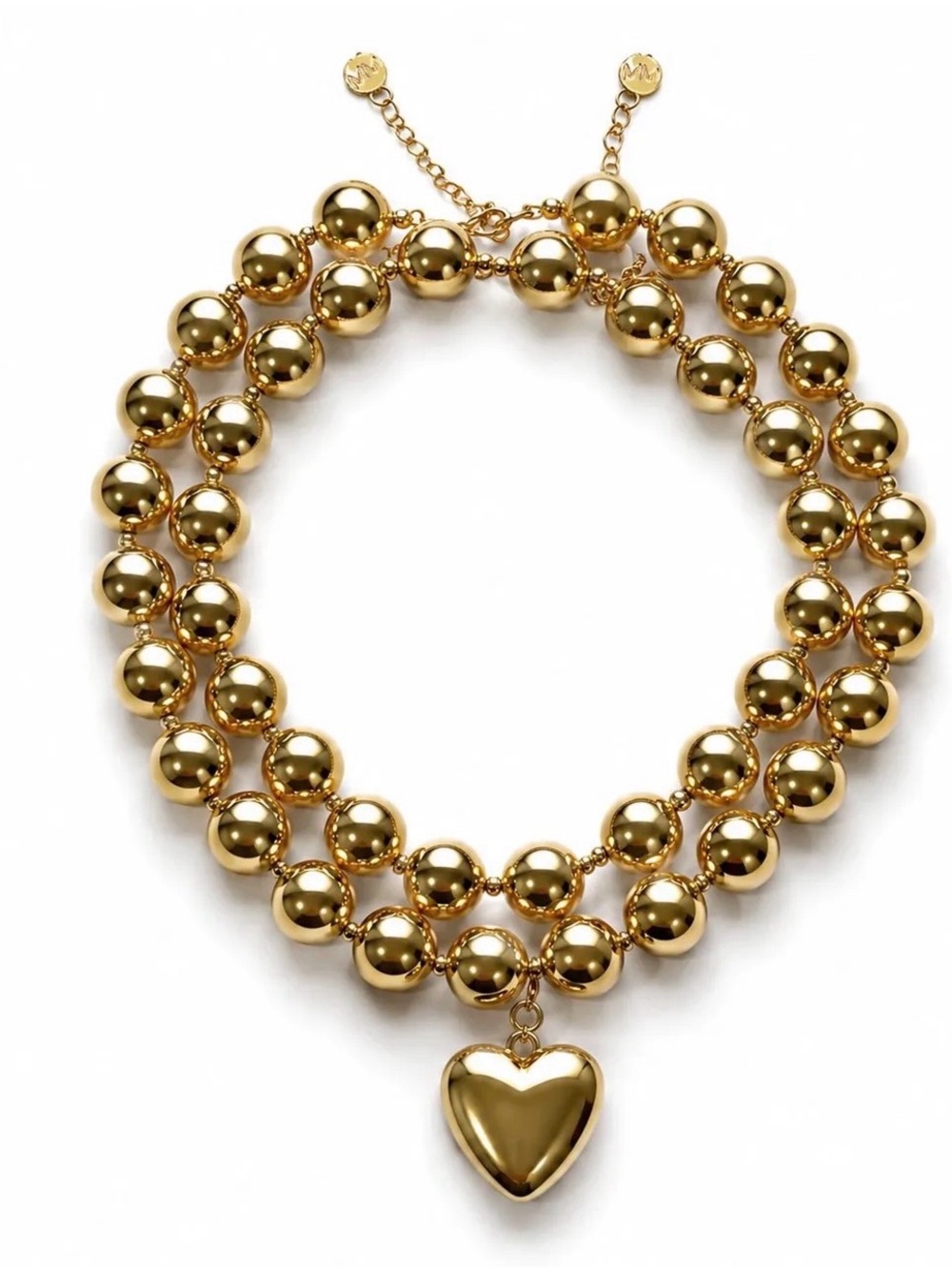 Double-Row Gold Beaded Necklace with Heart Pendant